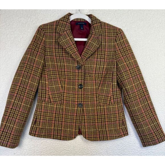 Lands' End Jackets & Blazers - LANDS’ END Women’s Wool Mohair‎ Blend Plaid Blazer Tan Beige Brown Size 6